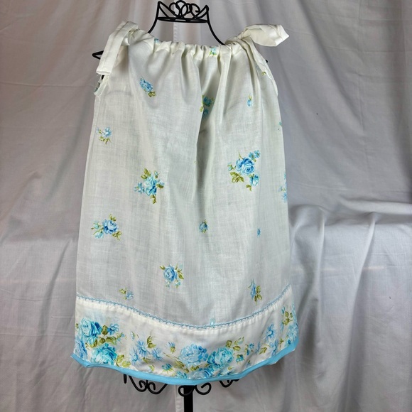 Girls Dress from VTG Pillowcase feature White and Blue Floral Tie Straps - Picture 1 of 5